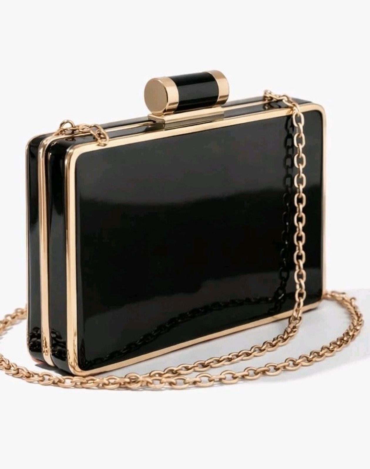 Vintage Sondra Roberts Black Patent Clutch Gold Chain Evening Bag Structured Box
